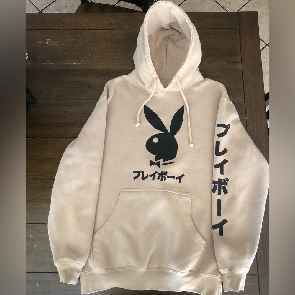 PLAYBOY Beige/Tan Hoodie With Black Logo 
Translation  プレイボーイ (Pureibōi) Playboy